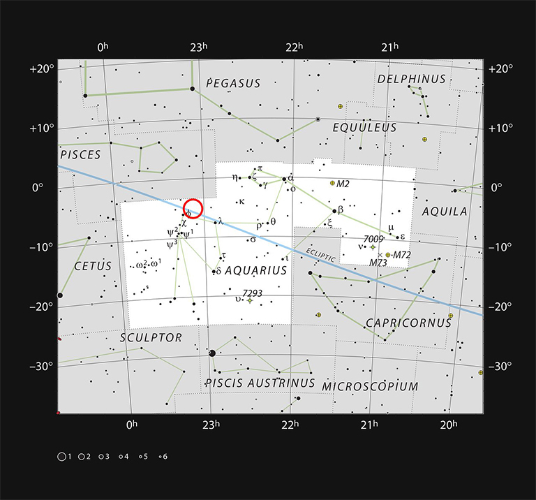 This chart shows the naked eye stars visible on a clear dark night in the sprawling constellation of Aquarius (The Water Carrier). The position of the faint and very red ultracool dwarf star TRAPPIST-1 is marked. Although it is relatively close to the Sun it is very faint and not visible in small telescopes. Credit: ESO/IAU and Sky &amp; Telescope