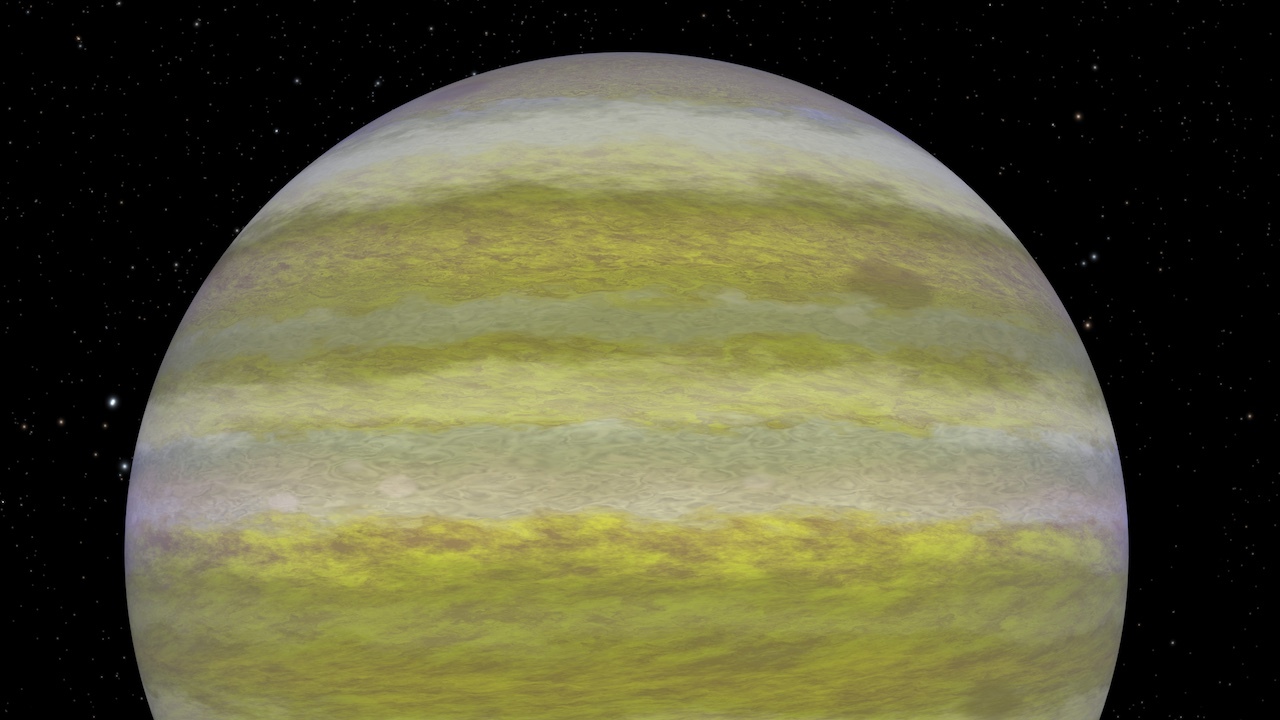 Illustration shows the upper two-thirds of a gas-giant planet, TOI-4600 c, that is similar to Saturn (minus the rings). Cloud bands alternate between light tan, yellow, and darker yellow verging on green.